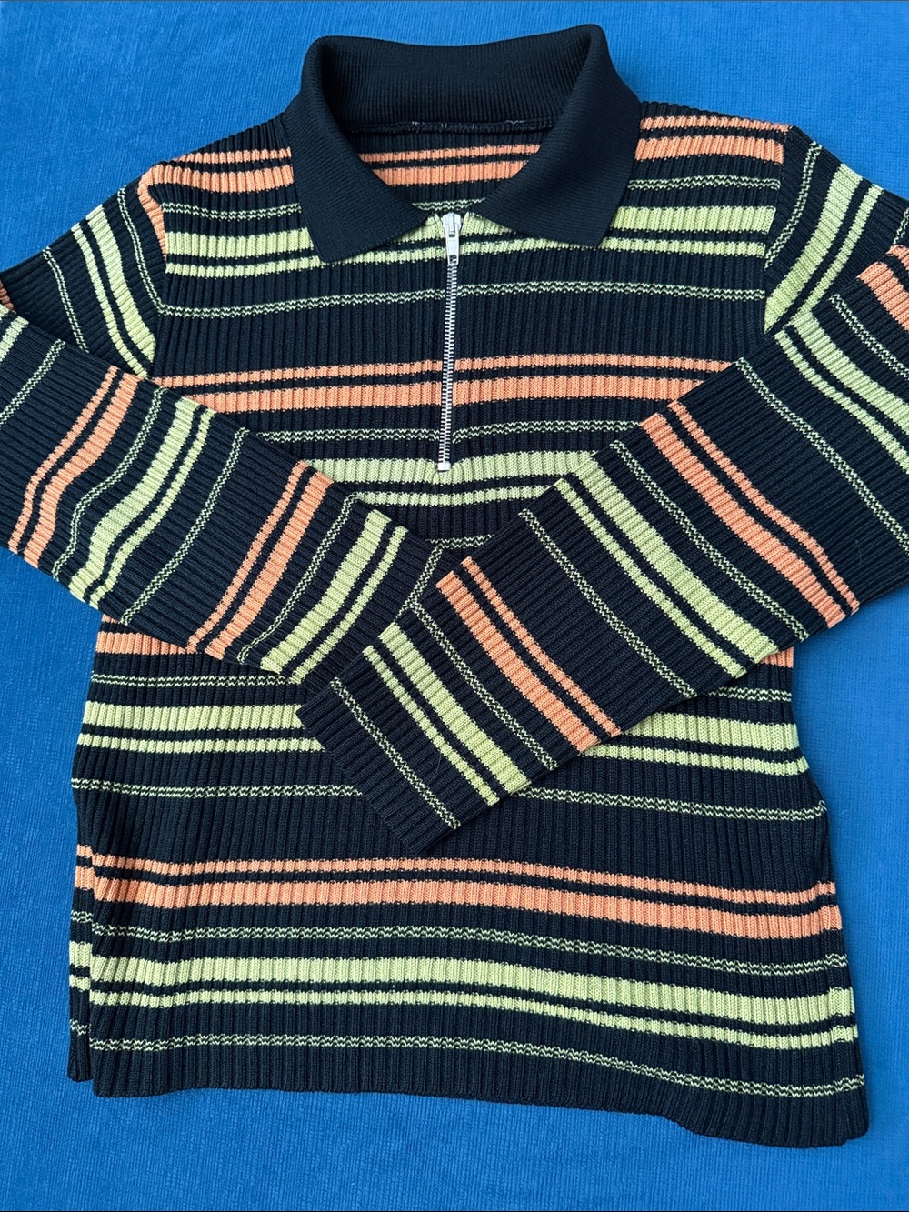 Women’s Juniors Long Sleeve Polo Sweater - Black with Orange & Lime green Stripe